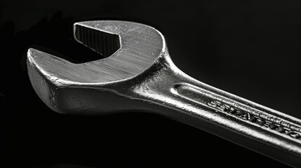 : A close-up black and white image of a stainless steel adjustable wrench, highlighting its metallic texture and curved shape.