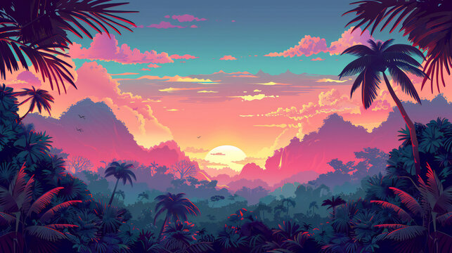 Vector illustration of Tropical jungle in sunset background