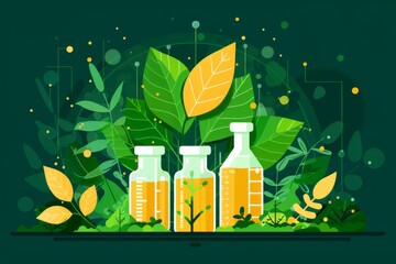 Canvas Print - Green botanical potion bottles in a detailed vector illustration on a dark background, blending natural and alchemical themes with vibrant colors