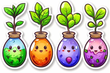 Cute cartoonish potion bottles with plant elements in a whimsical vector illustration on a light blue background, evoking fantasy and nature themes