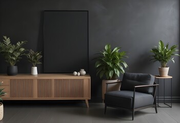 frame mockup Picture in dark tones with leather black armchair and decoration minimal.3d rendering