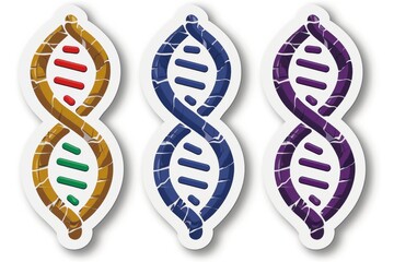 Sticker - Three DNA strands in colorful helix patterns on a white background in a detailed vector illustration, highlighting genetic research and scientific themes