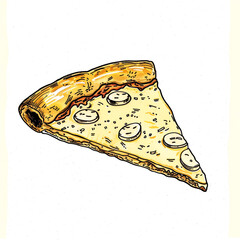 Wall Mural - Cartoon drawing of a cheese pizza, colored and outlined in black on a white background.