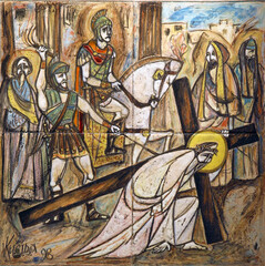 Wall Mural - 3rd Stations of the Cross, Jesus falls the first time, Church of Saint Matthew in Dugave, Zagreb, Croatia