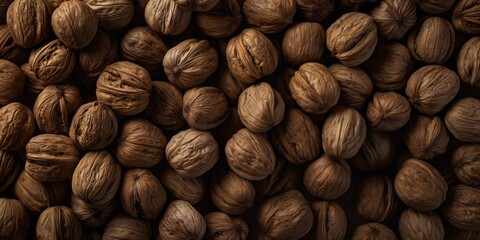 Poster - Close-up view of a pile of walnuts with a focus on their textured shells