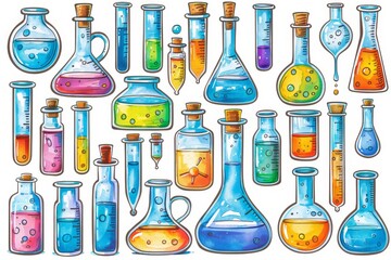 Poster - Diverse collection of colorful potion bottles in a whimsical vector illustration on a white background, emphasizing fantasy and magical themes