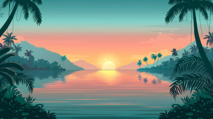 Wall Mural - Vector illustration of Tropical jungle in sunset background