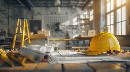 A yellow hard hat, some blueprints, and a ladder in a construction setting.