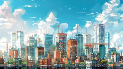 A beautiful cityscape with a river in front, skyscrapers and a blue sky with clouds in the background.