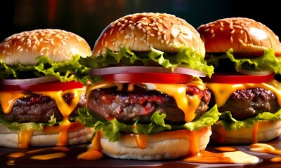Canvas Print - Cheeseburgers arranged vertically with alternating layers of freshly toasted brioche, Ai Generated