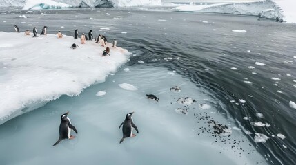 Poster - Penguins gather on icy shores of the Antarctic, with some diving into the freezing waters, surrounded by stunning, pristine landscapes.