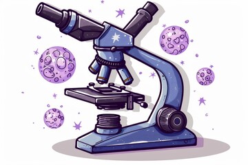 Poster - Detailed vector illustration of a purple microscope with molecular elements on a white background, emphasizing scientific research and modern laboratory themes