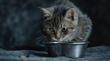 Poster - Cute grey tabby British cat near metal bowl on dark background ready to eat