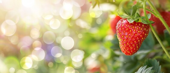 Wall Mural - Strawberry in Garden, Vibrant Fresh Fruit Close-up with Sunlight, Juicy and Ripe