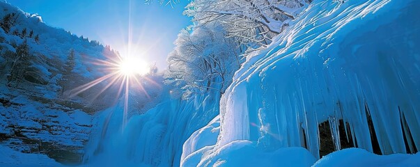 Poster - Breathtaking winter landscape with sunlit icicles, frosted trees, and a bright sun shining over a snowy mountain ridge, showcasing nature's beauty.