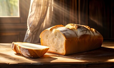 Canvas Print - White bread with a soft glow sitting center on a rustic wooden table surrounded by morning sunlight, Ai Generated