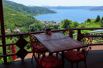 Wall Mural - Beautiful views from above, tables in a cafe in the mountains and a panoramic view of the city, public places in Turkey, on a sunny summer day