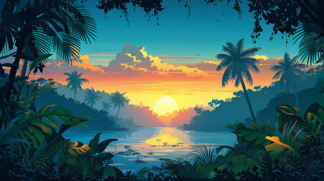 Vector illustration of Tropical jungle in sunset background