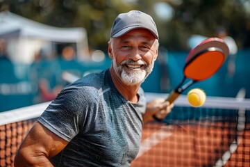 Cheerful senior man with a cap playing pickleball on an outdoor court, engaging with a younger player