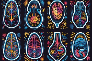 Wall Mural - Detailed vector illustration of anatomical elements on a dark background, emphasizing scientific research and medical themes with vibrant design