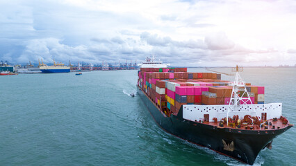 Wall Mural - Side view of Cargo container ship carrying container and running out international container port customs shipyard sea port concept smart logistic service.