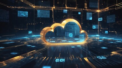 Wall Mural - Digital informational cloud hologram icon with data flow over screens in background. Blue and golden themed technology futuristic wallpaper.