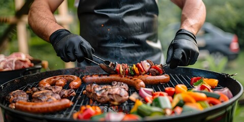 Wall Mural - Man in apron grilling meat sausages and vegetables with gloves on. Concept Cooking, Grilling, Barbecue, Food Photography, Outdoor Activities