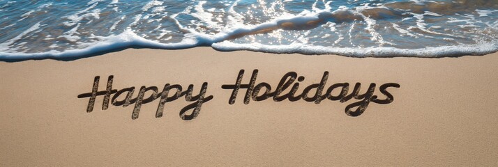 Wall Mural - A festive greeting, Happy Holidays is written on the sand with the gentle surf in the background, implying a tropical holiday getaway