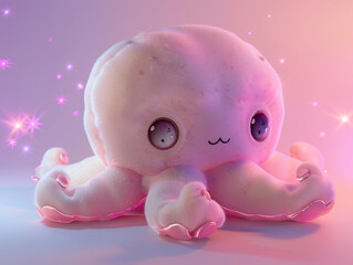Wall Mural - A stuffed and cute octopus with big eyes. The octopus has a smile on its face and is sitting on a beautiful background.
