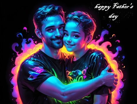 happy Father's day ,Beautiful vector t shirt design of a father cuddling his child on black background	