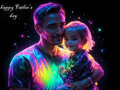 happy Father's day ,Beautiful vector t shirt design of a father cuddling his child on black background	