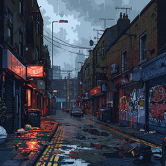 Wall Mural - Gritty pixel art of a London street, dark and detailed urban scene