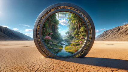 Wall Mural - Heaven's Gate, mystical round portal in desert leads to lush, vibrant paradise garden filled with tropical plants. Fantasy, adventure, escapism and nature concept.
