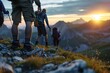 © spyrakot - Group of Hikers Adjusting Gear and Discussing Leg Pain Prevention During Sunrise Trek in Mountain Landscape