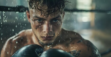 A man with sweat on his face and boxing gloves on his hands