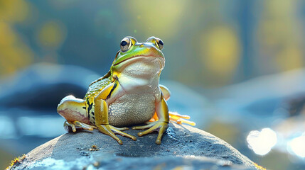 Wall Mural - A contented frog basking in the sunlight, its relaxed pose accentuated by the calming blue hues of the background. 