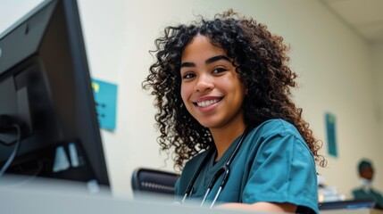 Wall Mural - Healthcare, computer, doctor reading, research, and scheduling findings. Medicine, communication, and nursing students using a clinic PC to study medical cardiology online.