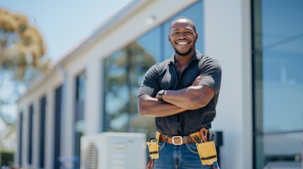 Building roof construction worker, picture, and man engineer for architecture and property management. Happy, visionary industrial designer with sustainable energy and motivation