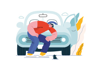 Wall Mural - Mutual Support: Adopting a stray animal -modern flat vector concept illustration of man stopping his car for a kitten on the road A metaphor of voluntary, collaborative exchanges of resource, services