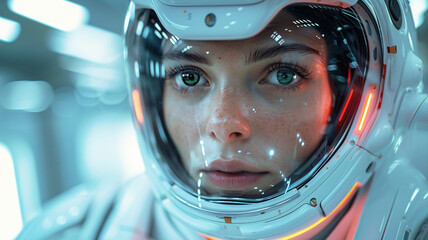 Wall Mural - Portrait of a young woman in the space suit looking at the camera
