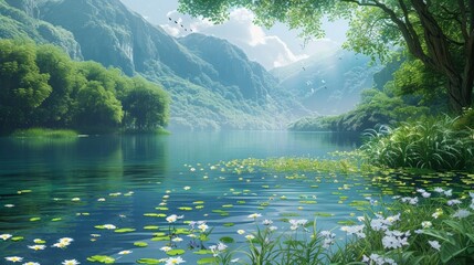 serene lake: reflections of the landscape mirrored in the still water. highlight the calm and restor