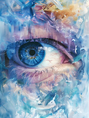 Wall Mural - Close-up image of a beautiful female eye  with blue iris and paint strokes, colorful abstract painting