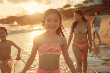 Beach, fishing, and kids with parents in water for summer vacation, holiday, or outdoor growth and wellbeing. Excited girl kids and fishermen or families play with net in sea.