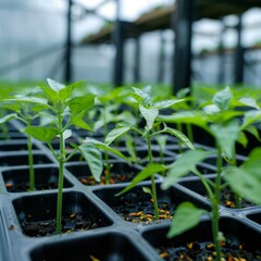 chilli plant seedlings in a row in grow pellets. Propagation trays in a greenhouse with spring growth