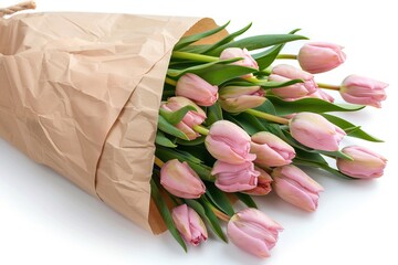 Wall Mural - light pink tulips bouquet in kraft paper isolated on white  wedding flowers bouquet concept  bouquet
