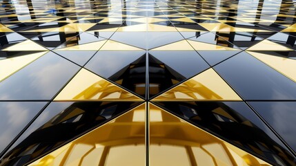 Wall Mural - A polished, futuristic background consisting of black and gold triangular tiles arranged in a geometric pattern for a sleek, modern look. The 3D rendering shows the tiles creating a textured