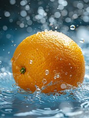 Wall Mural - a fresh orange falling into water, with a blue background and splash bubbles around the orange