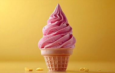 Wall Mural - pink ice cream cone on yellow background, fluid and organic forms, conceptual photography