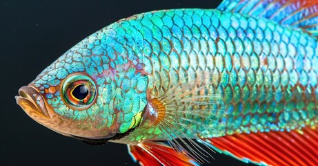 A photo of a light blue and red betta fish from a close distance