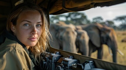Wall Mural - A woman is looking out of a vehicle at a herd of elephants